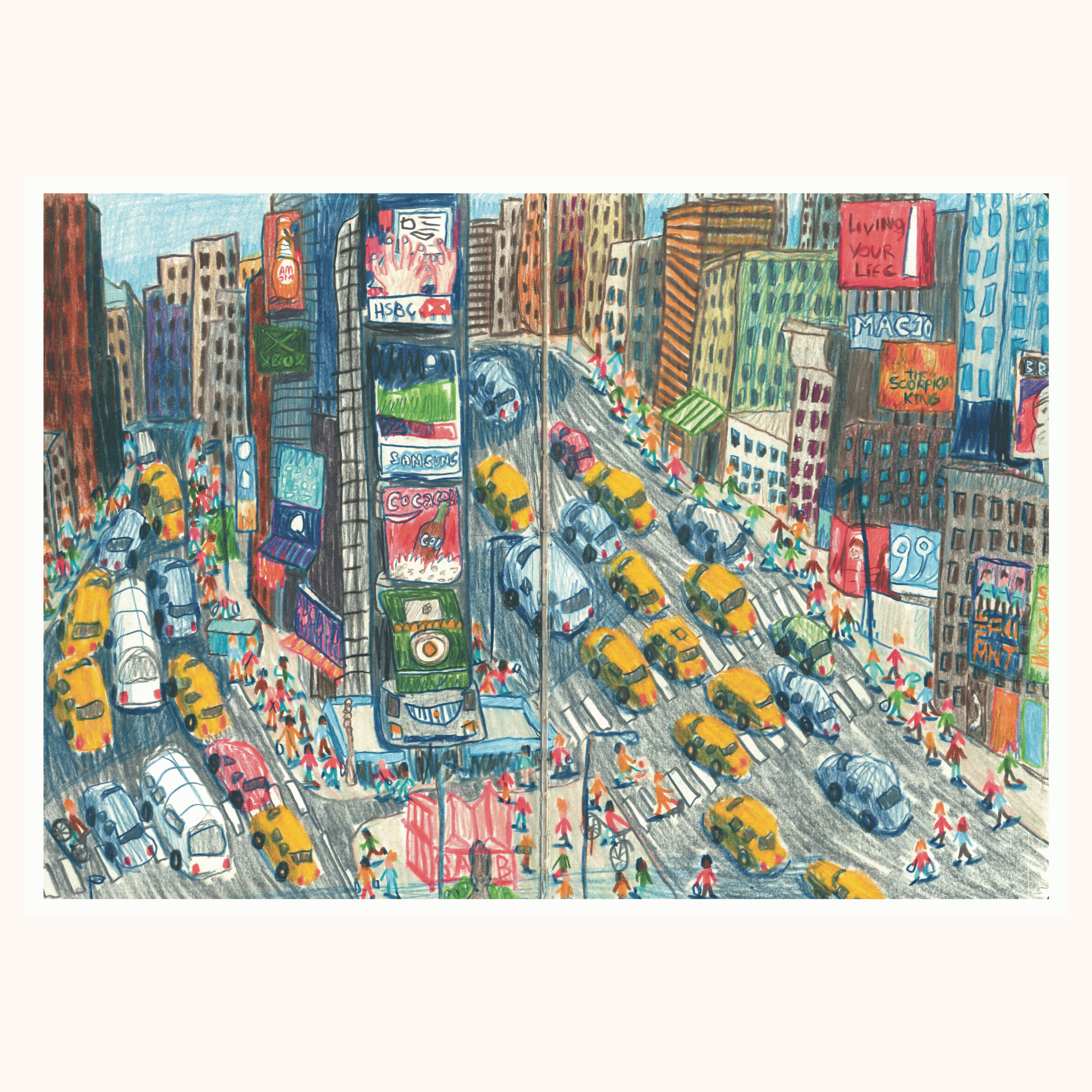 Times Square, NY - Hand-Drawn Coloured Pencil Art Print