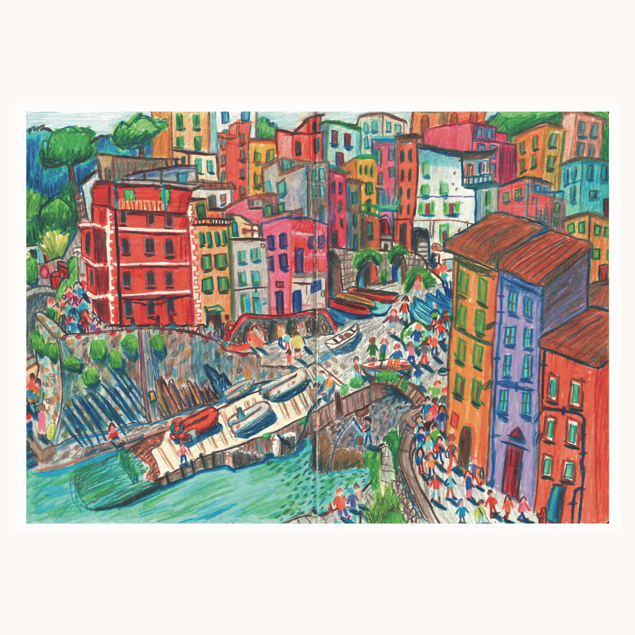 Riomaggiore, Cinque Terre - Amalfi Hand-Drawn Coloured Pencil Art Print