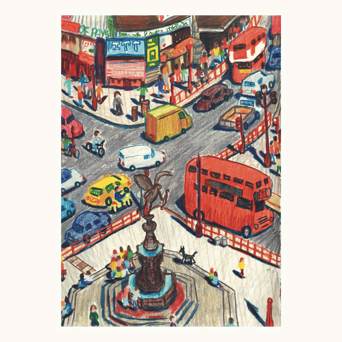 Shaftesbury Memorial Fountain, Piccadilly - Hand-Drawn Coloured Pencil Art Print